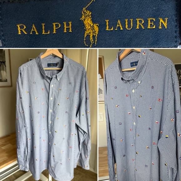 Ralph Lauren Men’s Embroidered Nautical Flags Button Up Blue Checkered Size 3XB - Picture 1 of 9